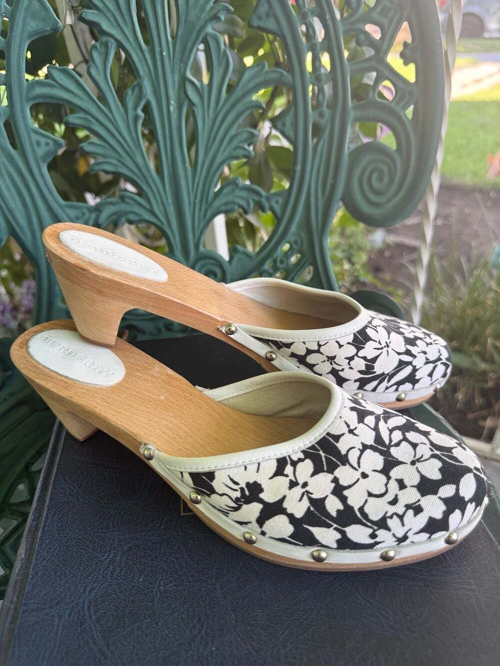Y2K Burberry Black and White Floral Canvas Wooden Clog Mules Size 39